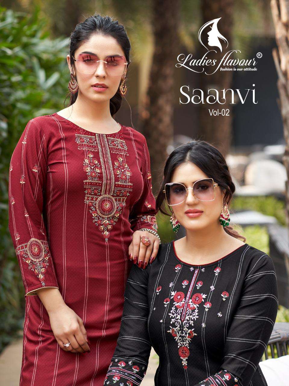 LADIES FLAVOUR PRESENTS SAANVI 2 RAYON EMBROIDERY WHOLESALE KURTI WITH BOTTOM
